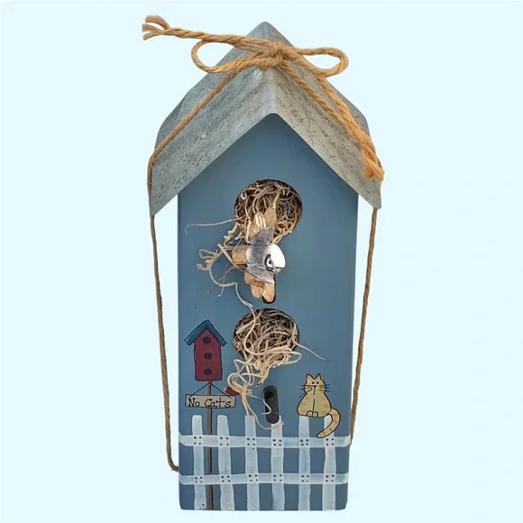 Handmade Blue Wooden Birdhouse Table Decoration - Picture 2 of 8